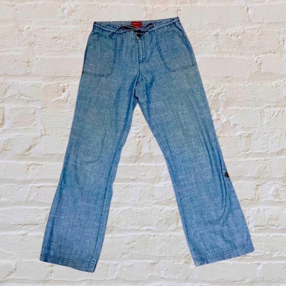 Blue Chambray Straight Leg Drawstring Capri Relaxed Fit Bohemian Pockets Pants - Picture 4 of 16